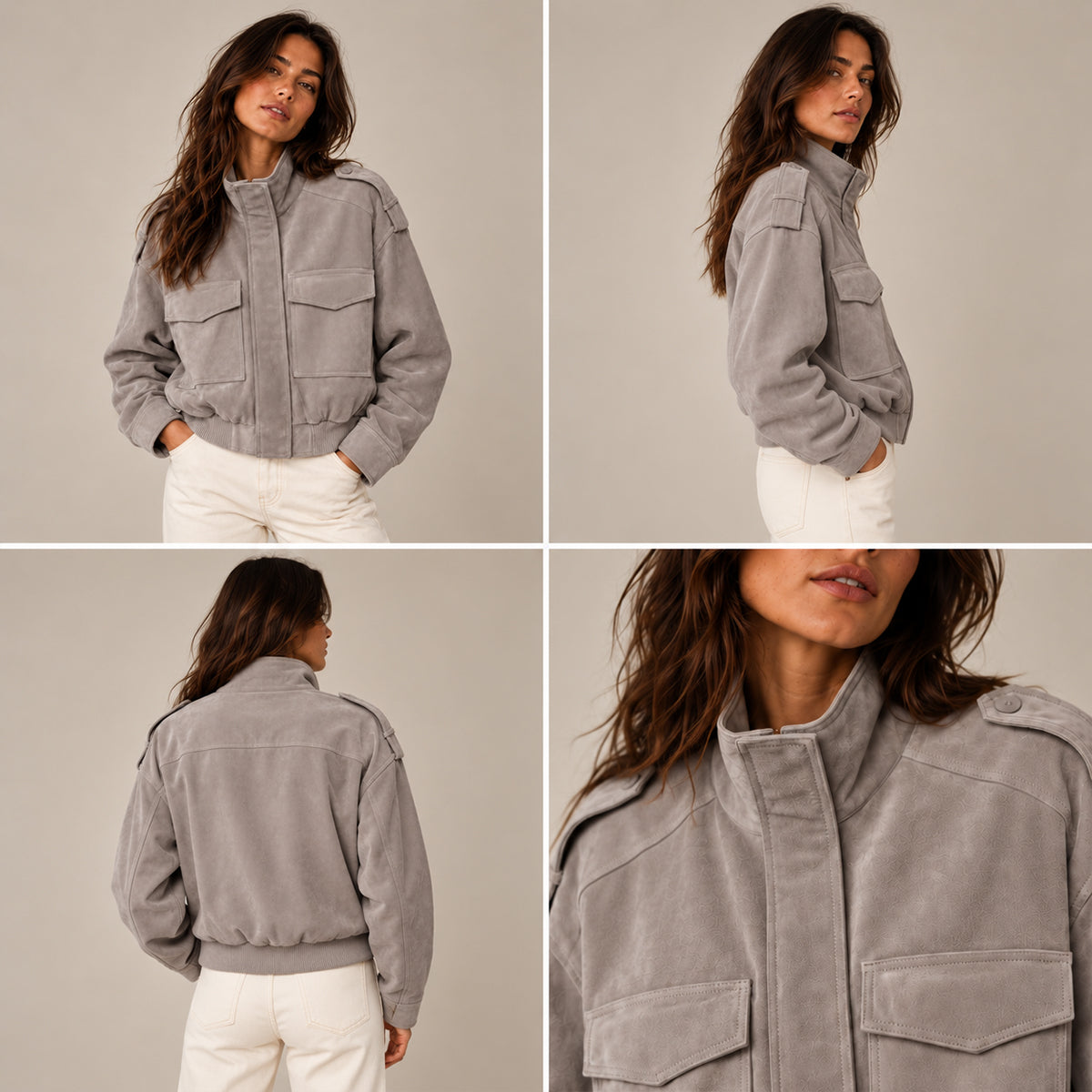 Women's Gray Suede Bomber, Short Length