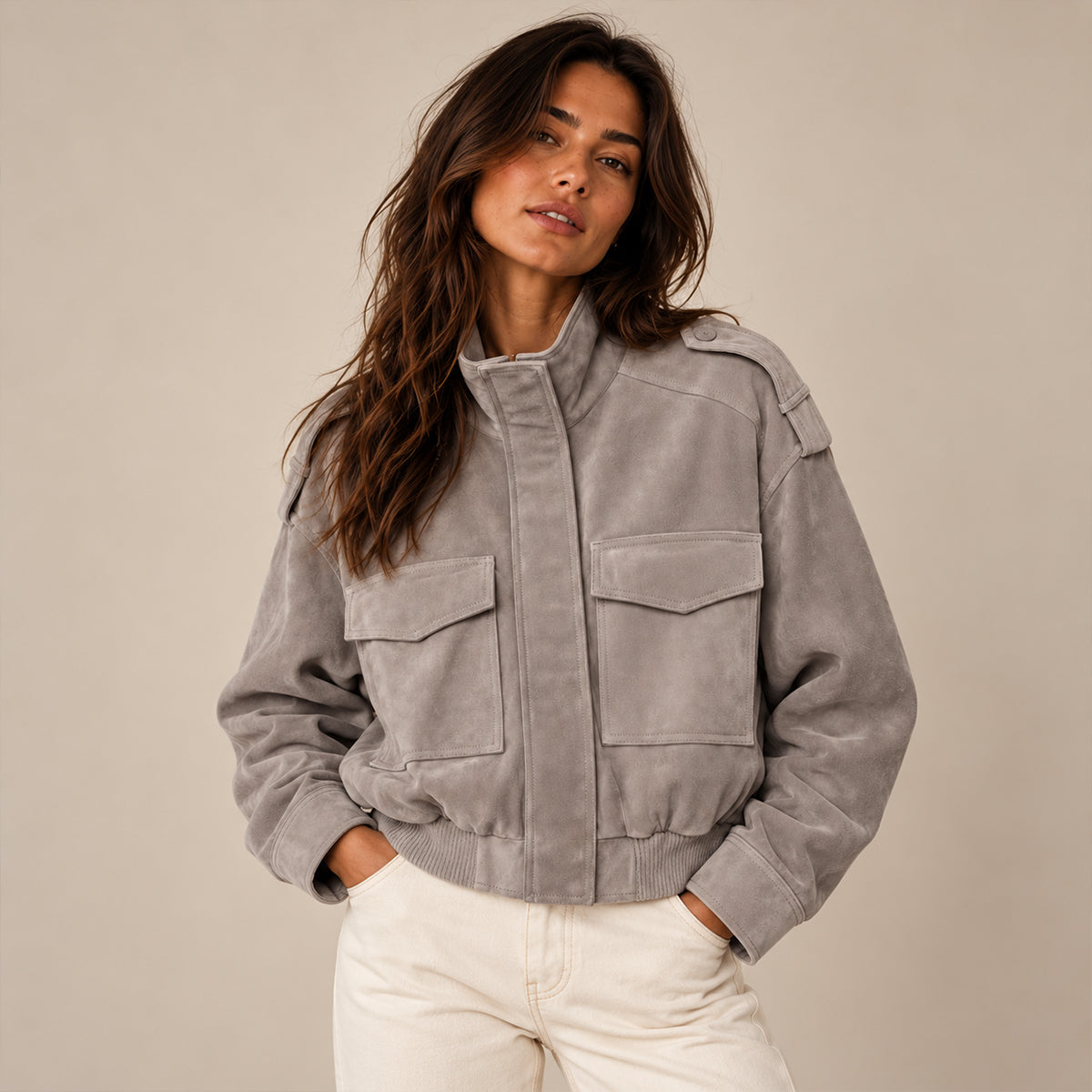 Women's Gray Suede Bomber, Short Length
