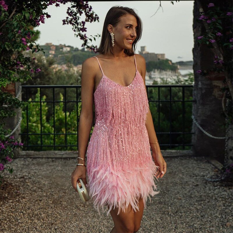 Women's Fringe & Feather Mini Dress – Elegant Evening Cocktail Style