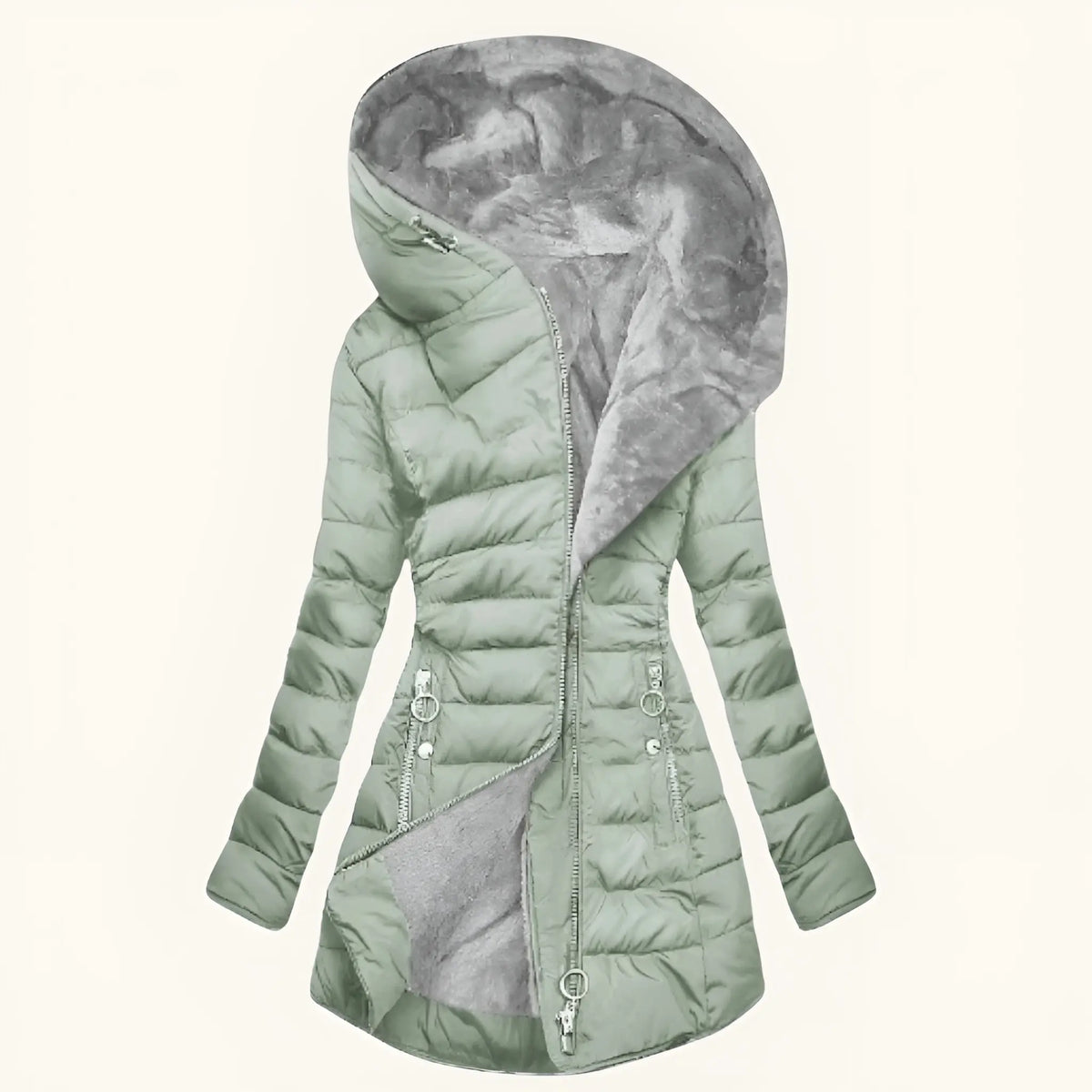 Women’s Longline Quilted Puffer Coat – Hooded Fleece-Lined Winter Jacket