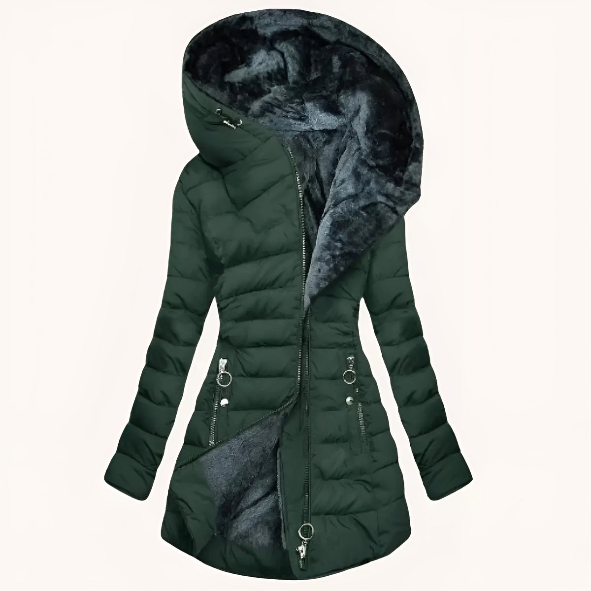 Women’s Longline Quilted Puffer Coat – Hooded Fleece-Lined Winter Jacket