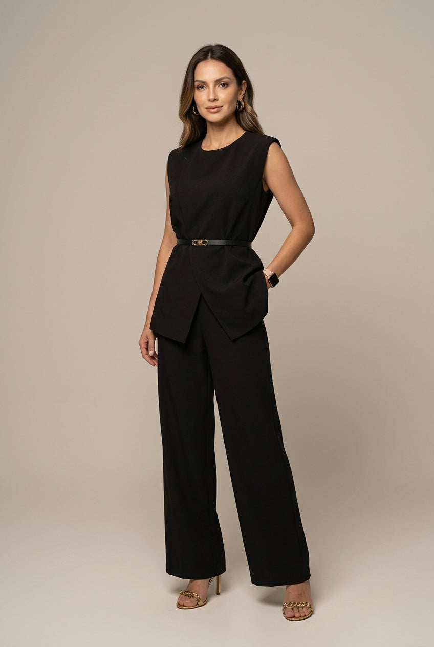 Women's Tailored Sleeveless Round Neck Asymmetric Wrap Top - Wide Leg Set