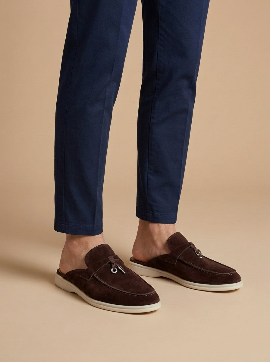 Men's Suede Mule Loafers with Metal Bar Detail