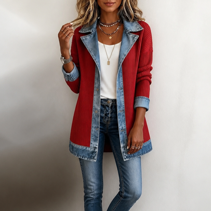 Women's Ribbed Knit & Denim Coat – Open Front Longline Cardigan