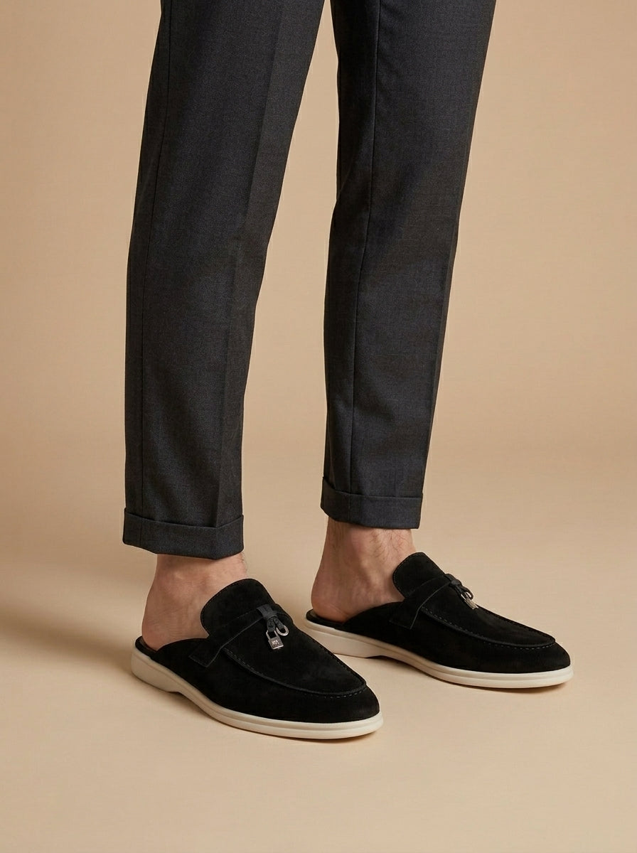 Men's Suede Mule Loafers with Metal Bar Detail