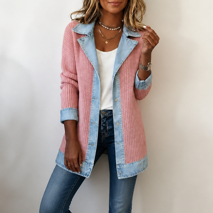 Women's Ribbed Knit & Denim Coat – Open Front Longline Cardigan