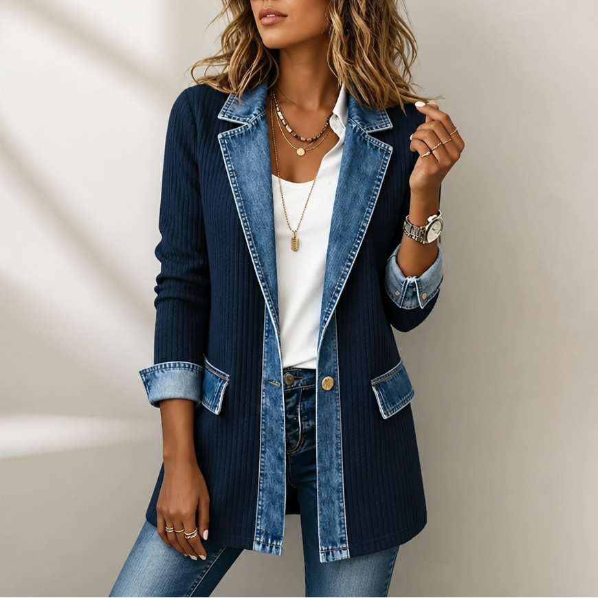 Women's Ribbed Knit & Denim Coat – Open Front Longline Cardigan