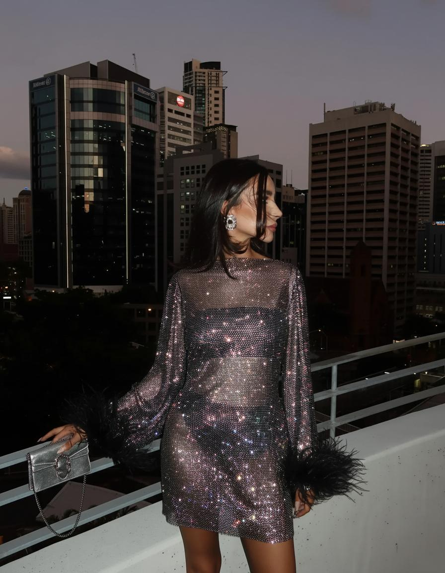 Women’s Sequin Mini Dress with Sheer Sleeves – Elegant Cocktail Style