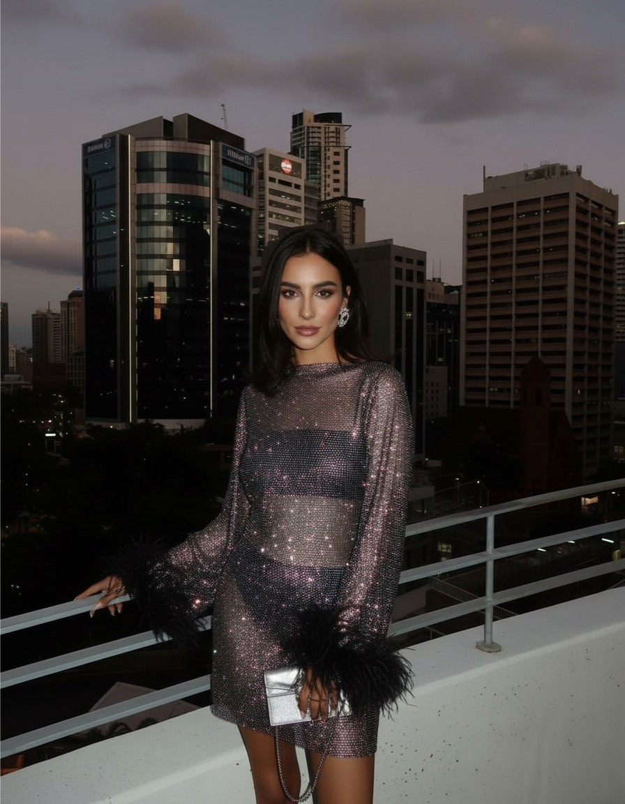 Women’s Sequin Mini Dress with Sheer Sleeves – Elegant Cocktail Style