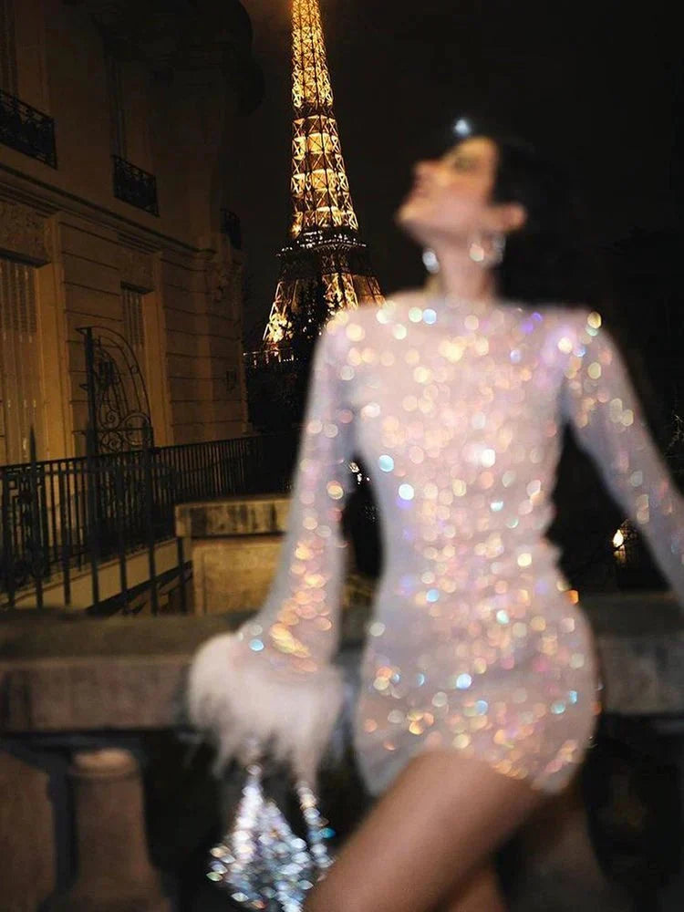 Women’s Sequin Mini Dress with Sheer Sleeves – Elegant Cocktail Style