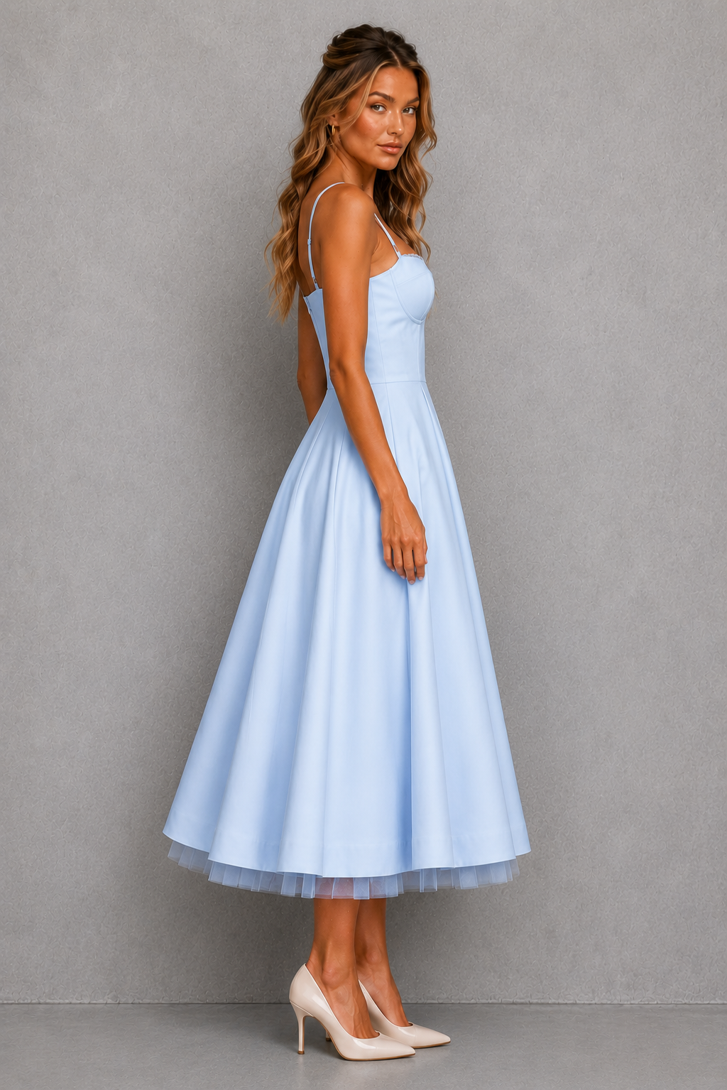 Women's Corset Midi Dress with Full Skirt - Wedding Guest & Occasion Wear