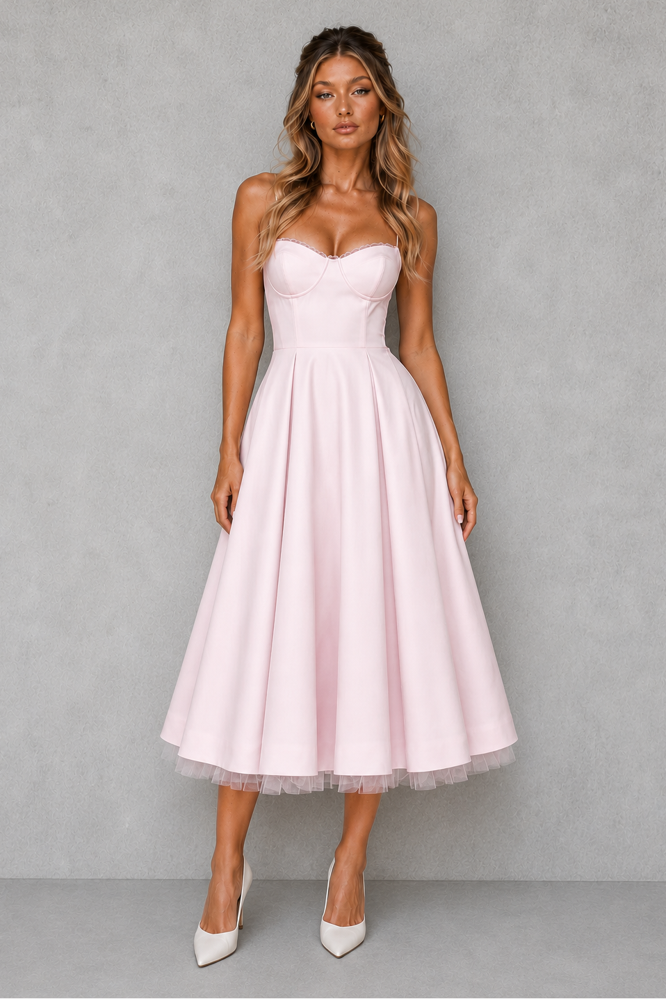 Women's Corset Midi Dress with Full Skirt - Wedding Guest & Occasion Wear