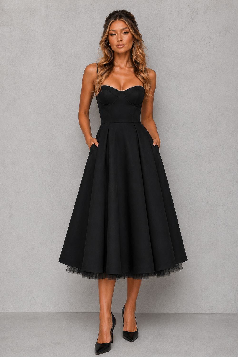 Women's Corset Midi Dress with Full Skirt - Wedding Guest & Occasion Wear