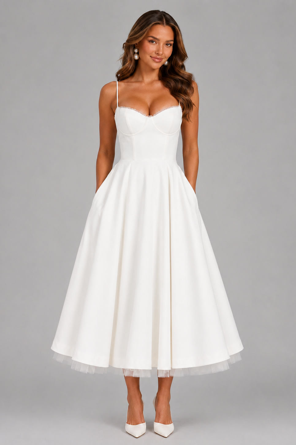 Women’s Corset Midi Dress with Full Skirt for Weddings & Special Occasions