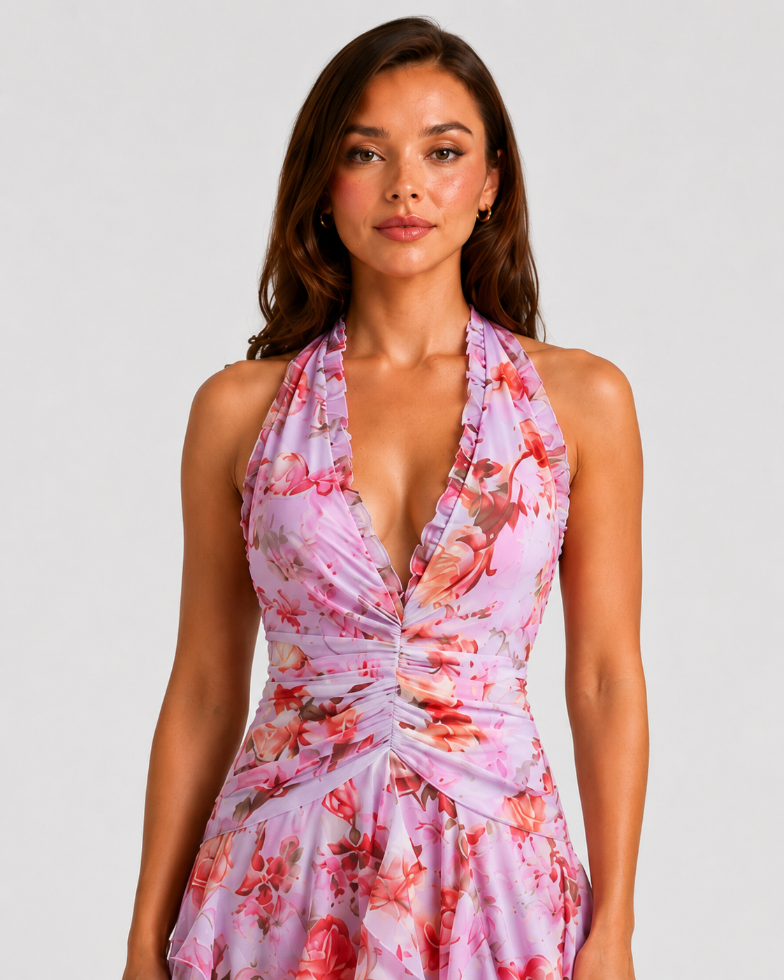 Women’s Floral Halter Maxi Dress with Tiered Skirt for Summer & Occasion Wear