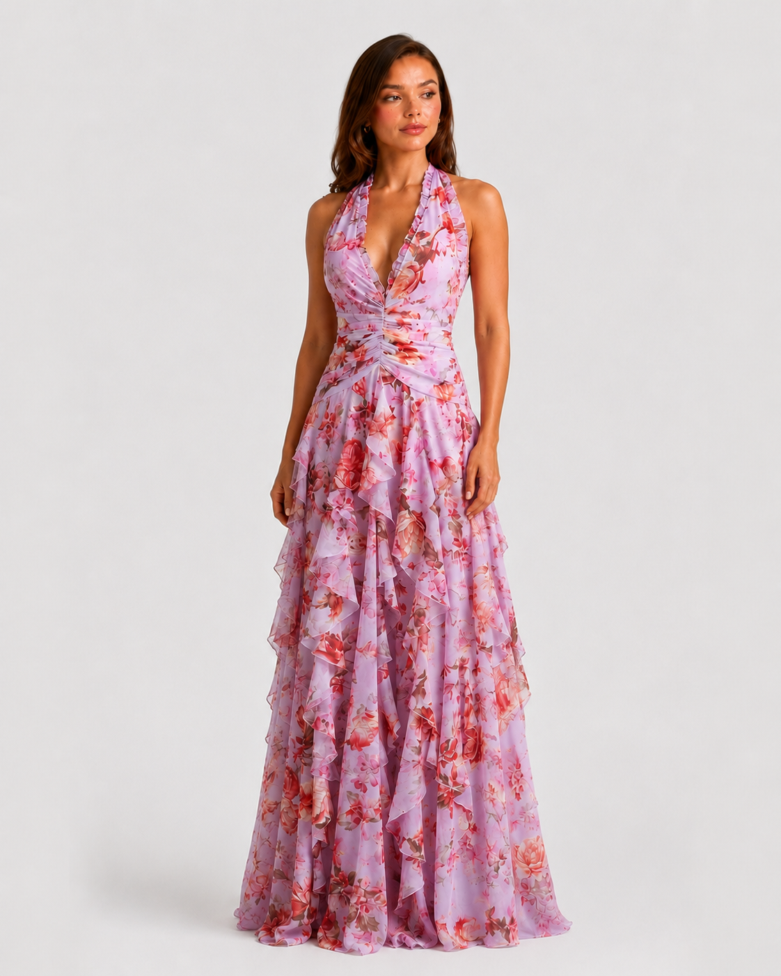 Women’s Floral Halter Maxi Dress with Tiered Skirt for Summer & Occasion Wear
