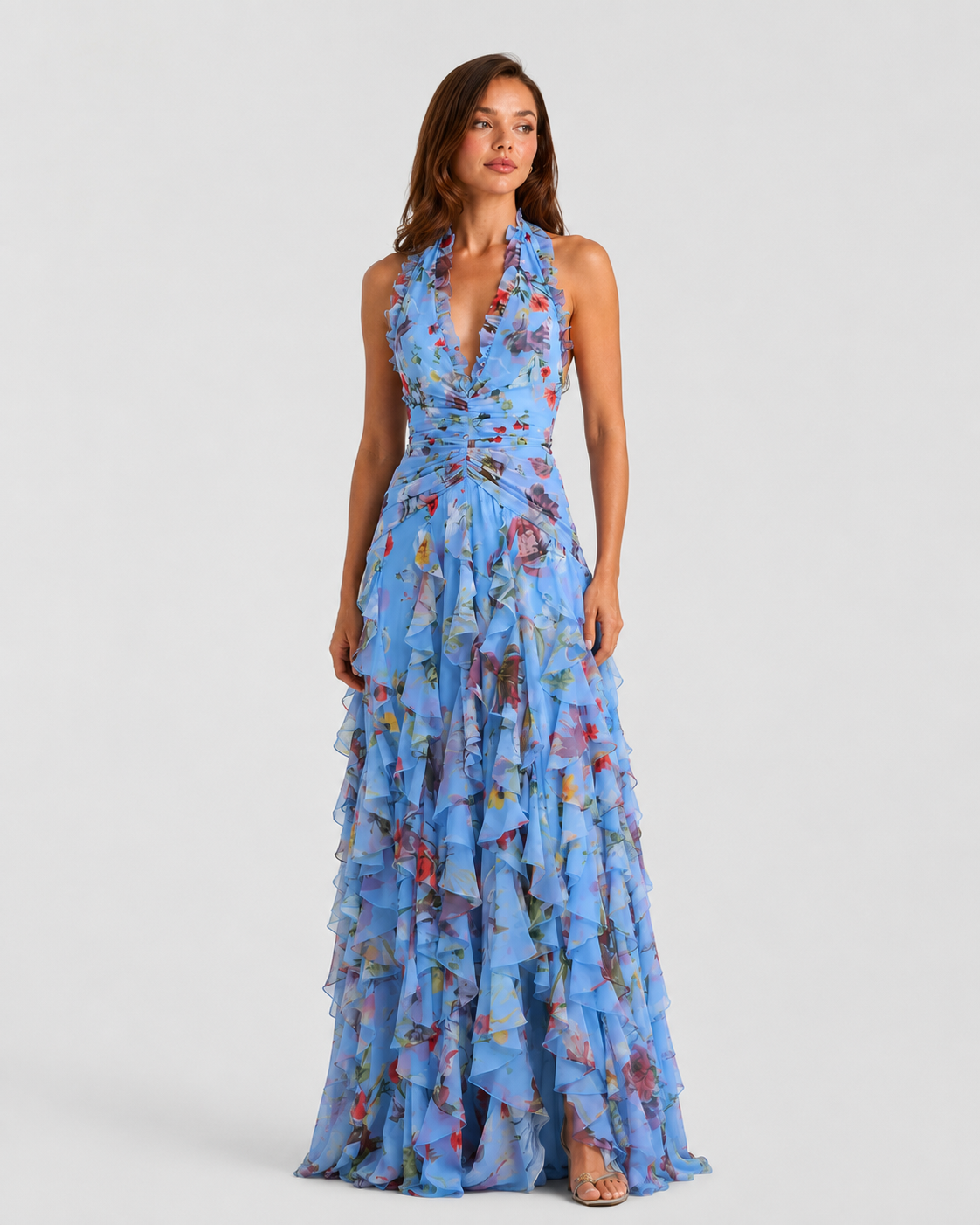 Women’s Floral Halter Maxi Dress with Tiered Skirt for Summer & Occasion Wear