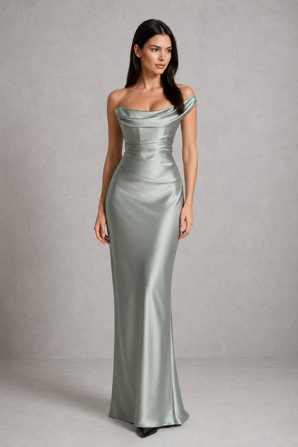 Women’s One-Shoulder Satin Maxi Dress with Corset Detail for Evening & Formal Wear