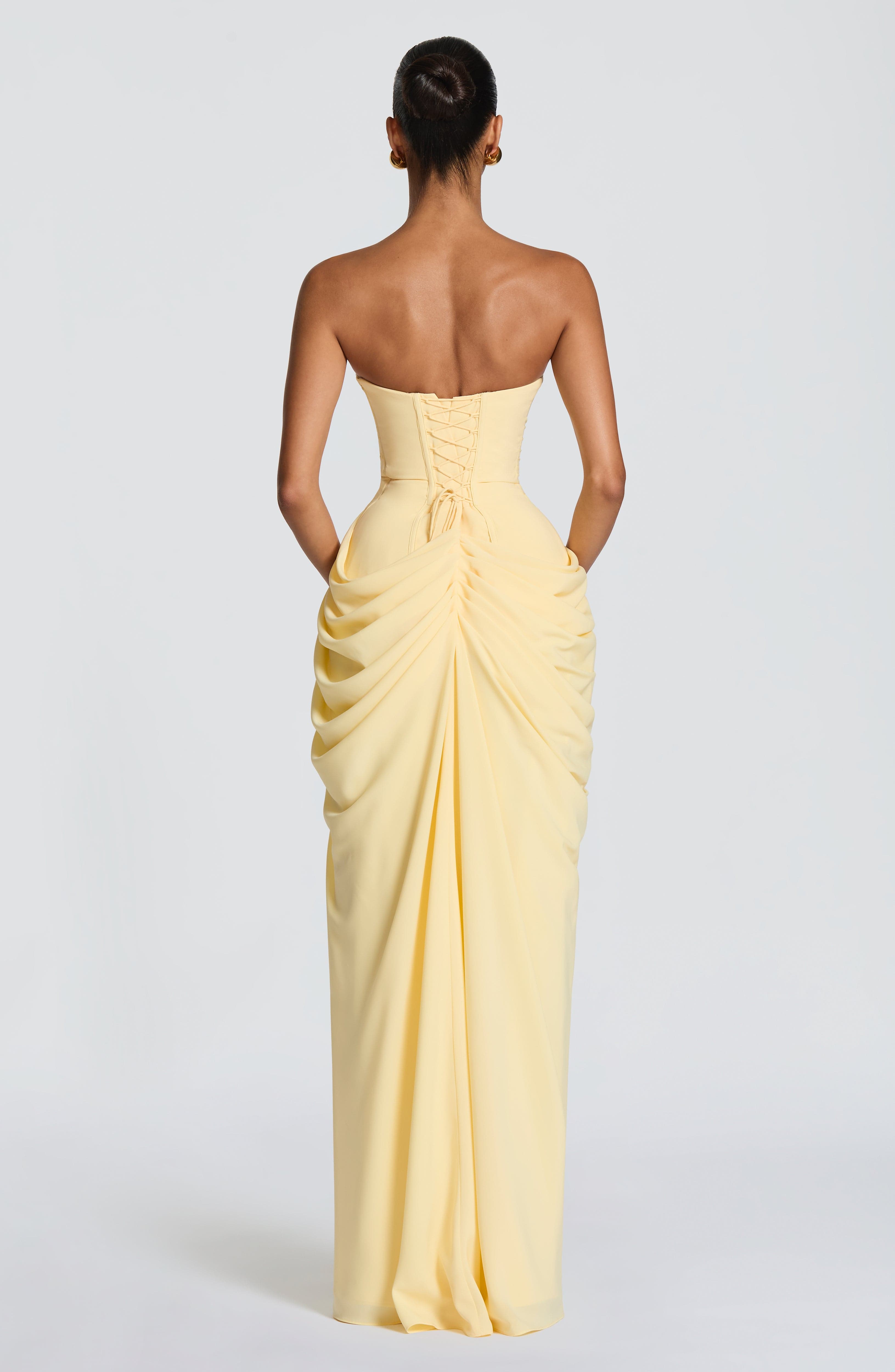 Women’s Strapless Corset Maxi Dress with Draped Split Skirt for Evening Wear