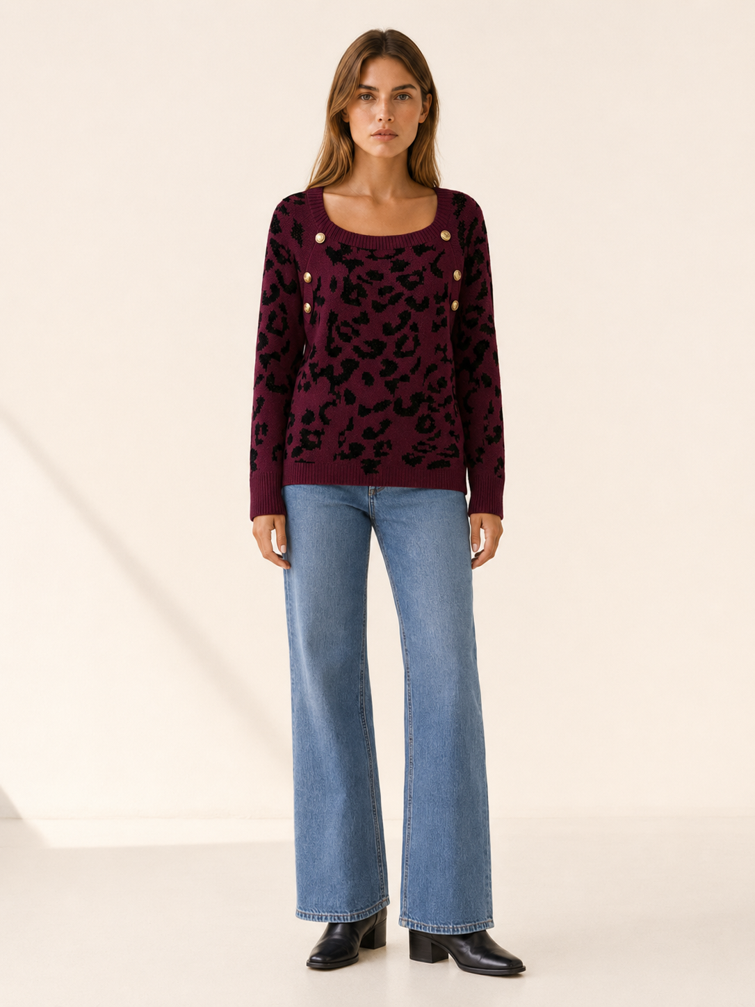 Square Neck Sweater with Leopard Print and Button Detail