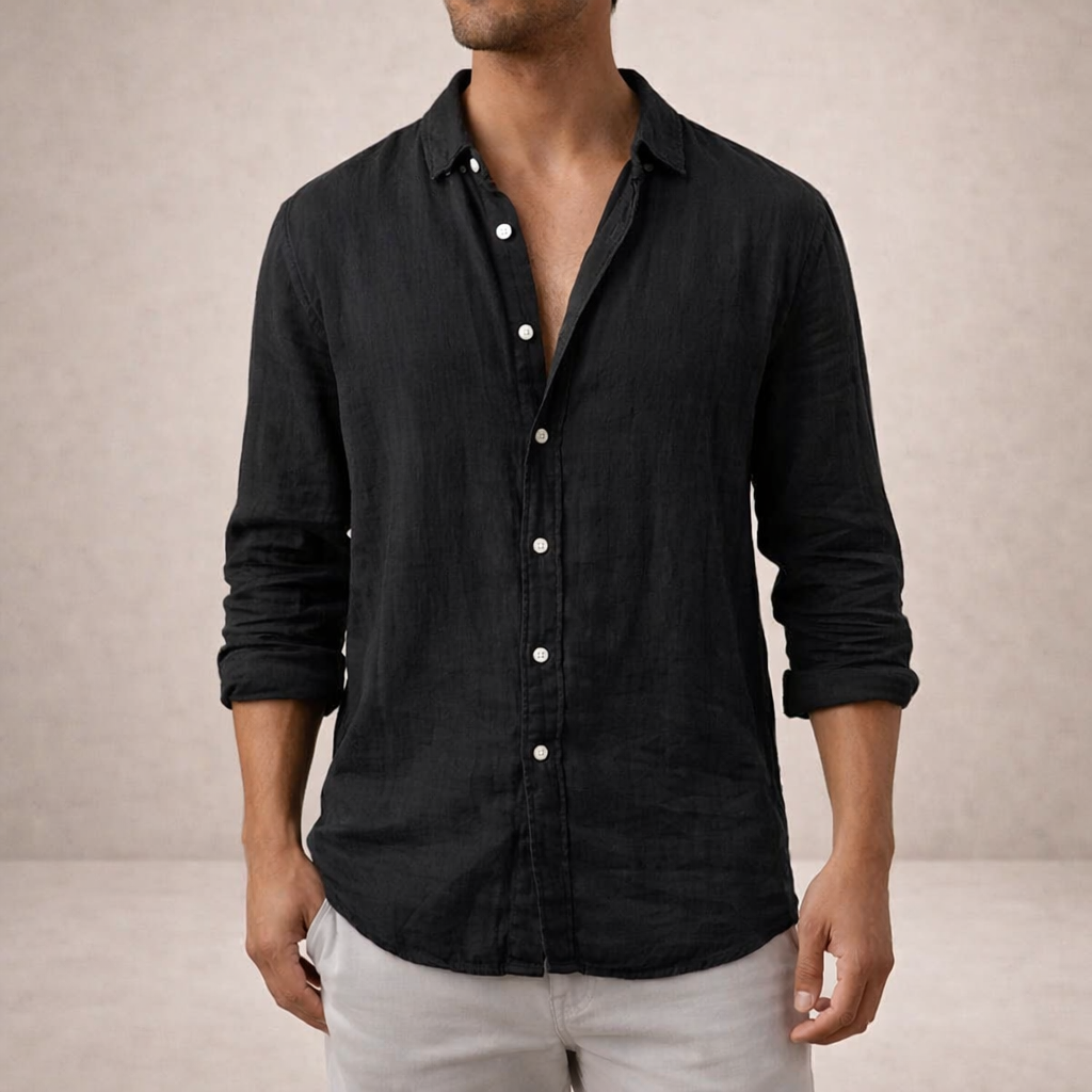 Men's Linen Shirt with Open Collar, Long Sleeve