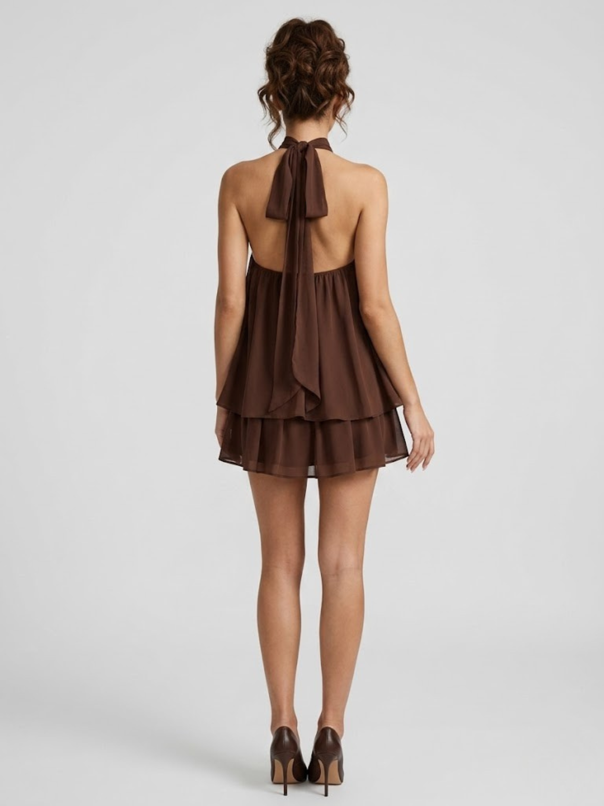 Women's Mini Dress with High Halter Neck and Open Back, Layered Ruffles