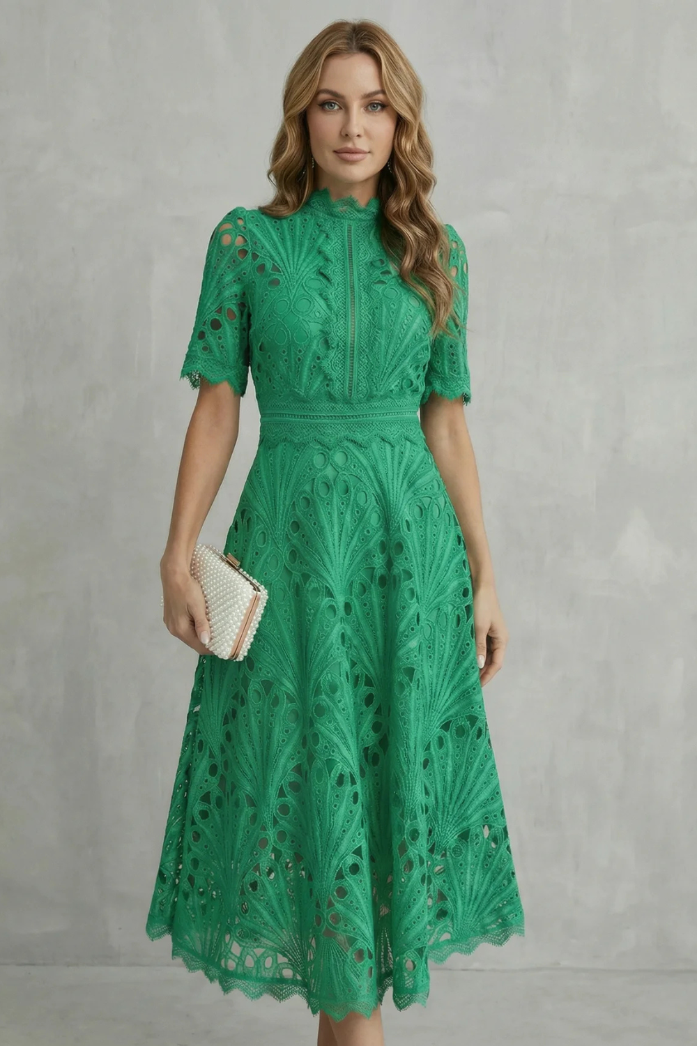 Women's High Neck Lace Midi Dress – Elegant A-Line Occasion Style