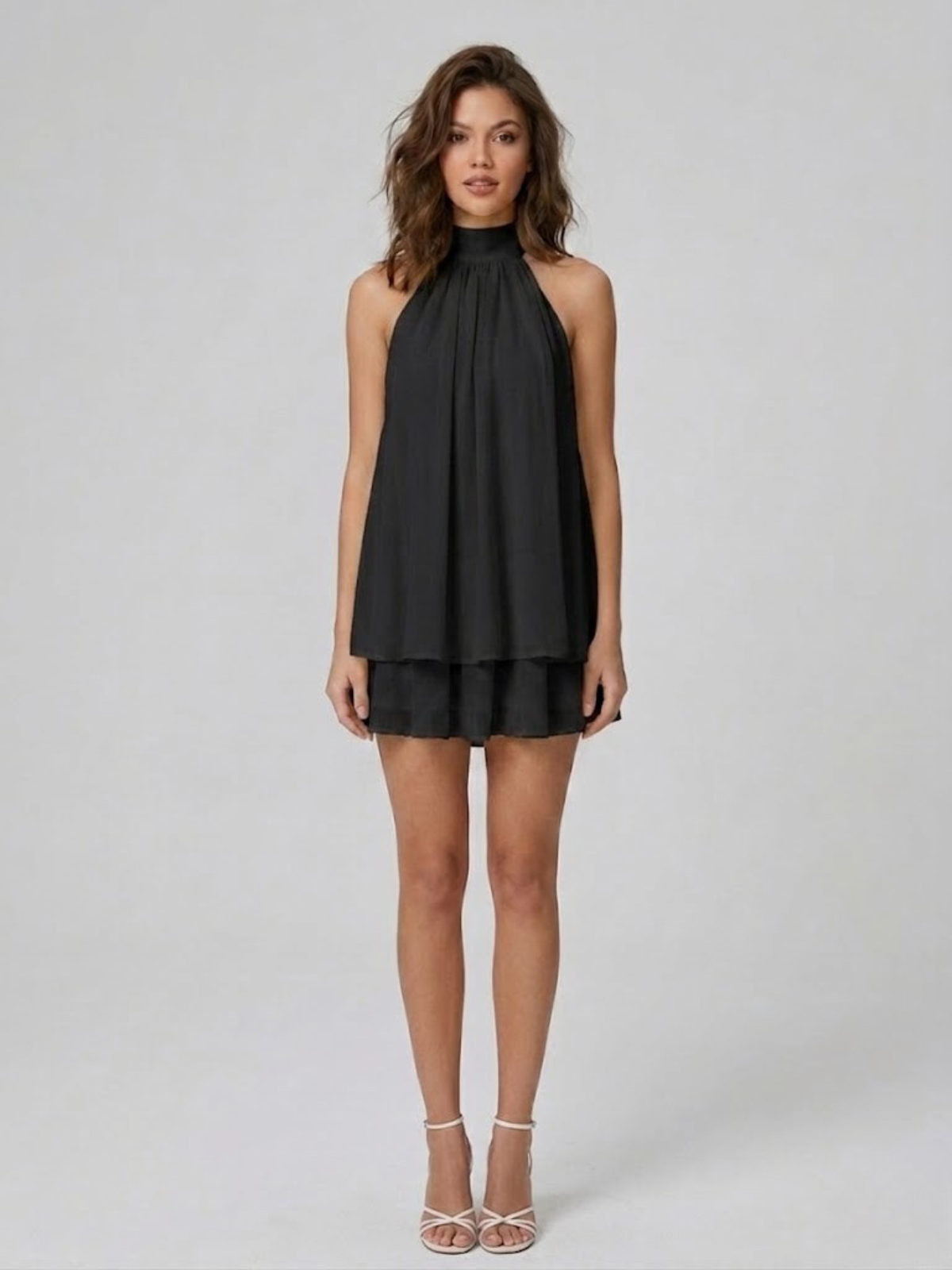 Women's Mini Dress with High Halter Neck and Open Back, Layered Ruffles