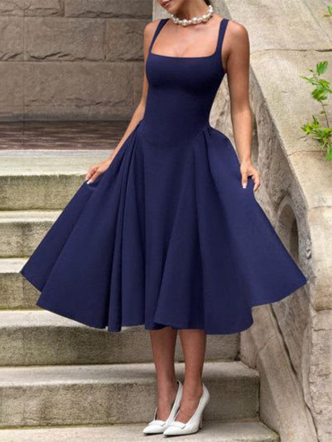 Women's Square Neck Midi Dress – Elegant Fit & Flare Occasion Style