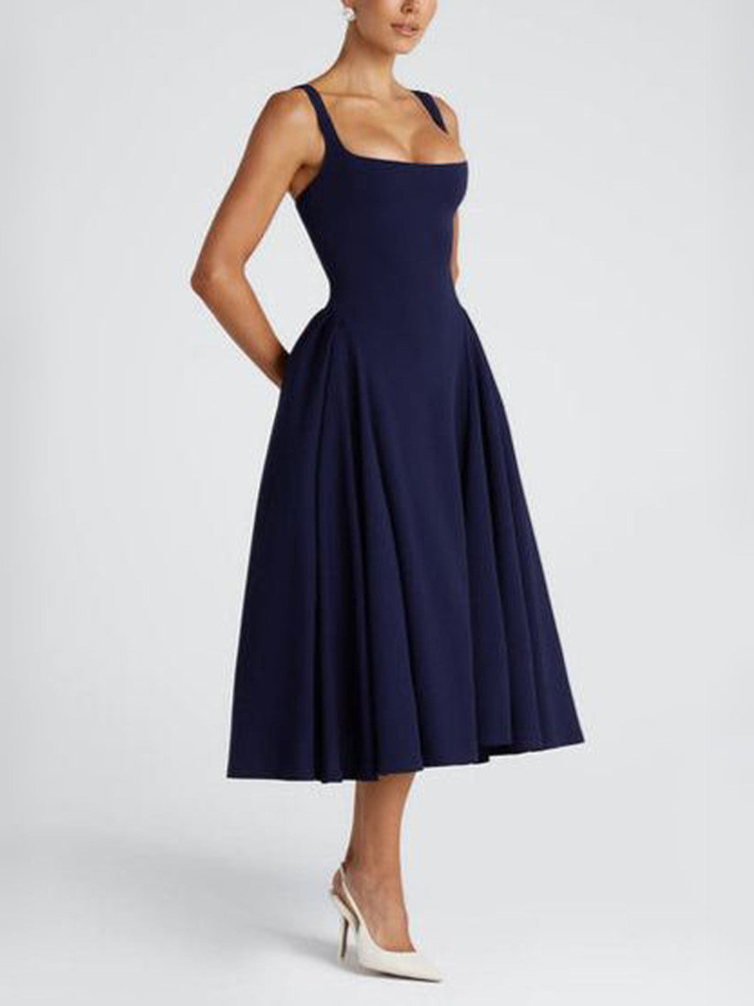 Women's Square Neck Midi Dress – Elegant Fit & Flare Occasion Style