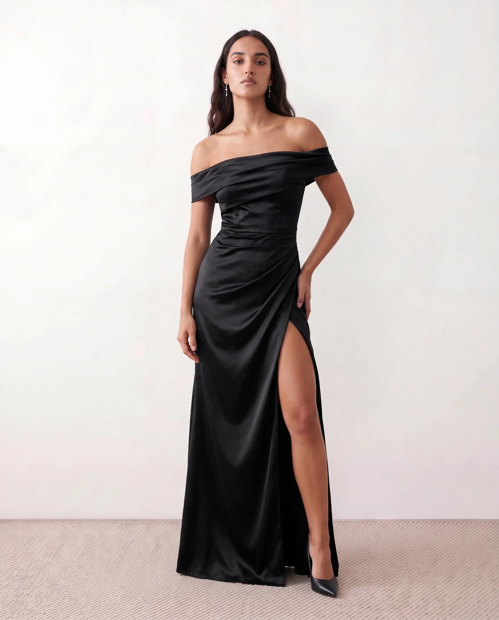 Glossy Off Shoulder Maxi Dress