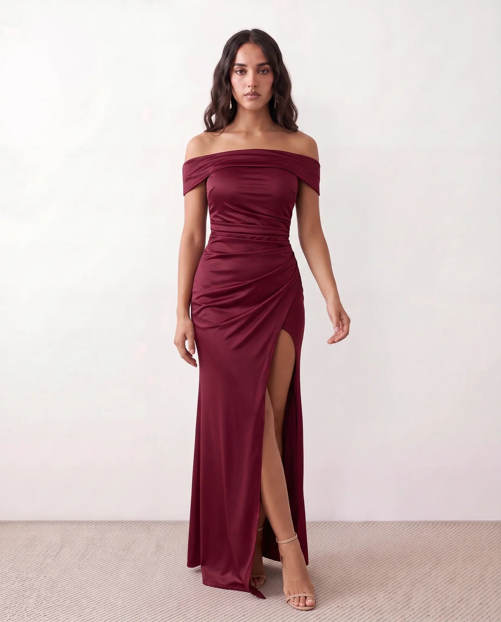 Glossy Off Shoulder Maxi Dress