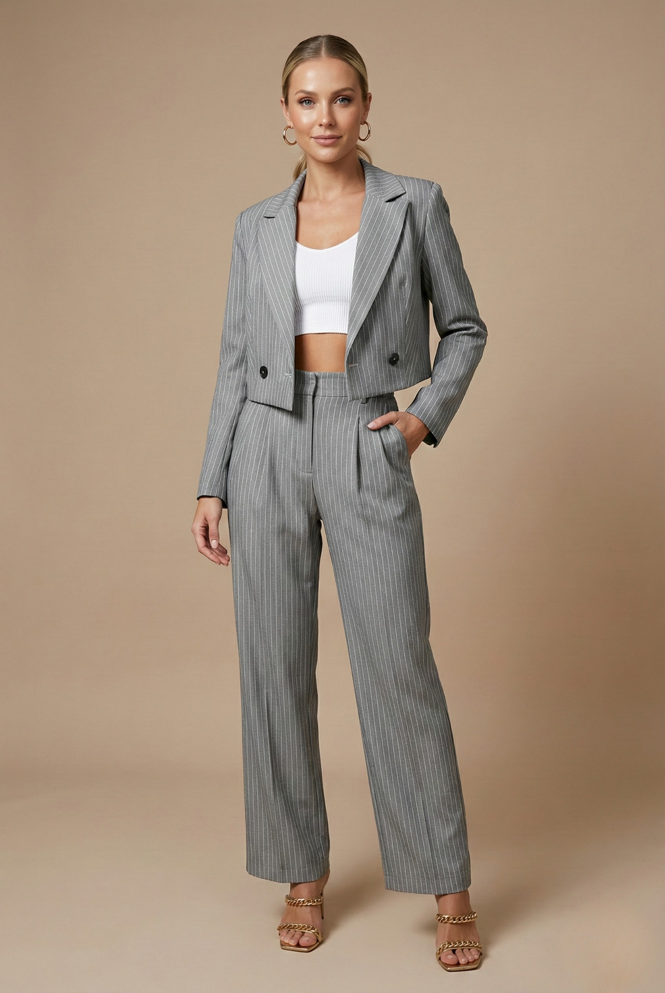 Women’s Pinstripe Two Piece Trouser Suit with Cropped Blazer and Wide Leg Trousers