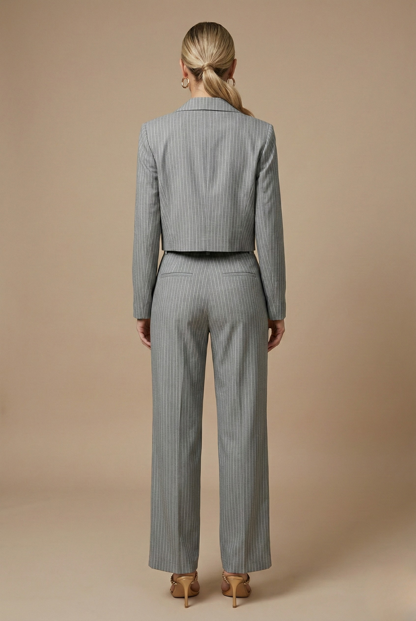Women’s Pinstripe Two Piece Trouser Suit with Cropped Blazer and Wide Leg Trousers