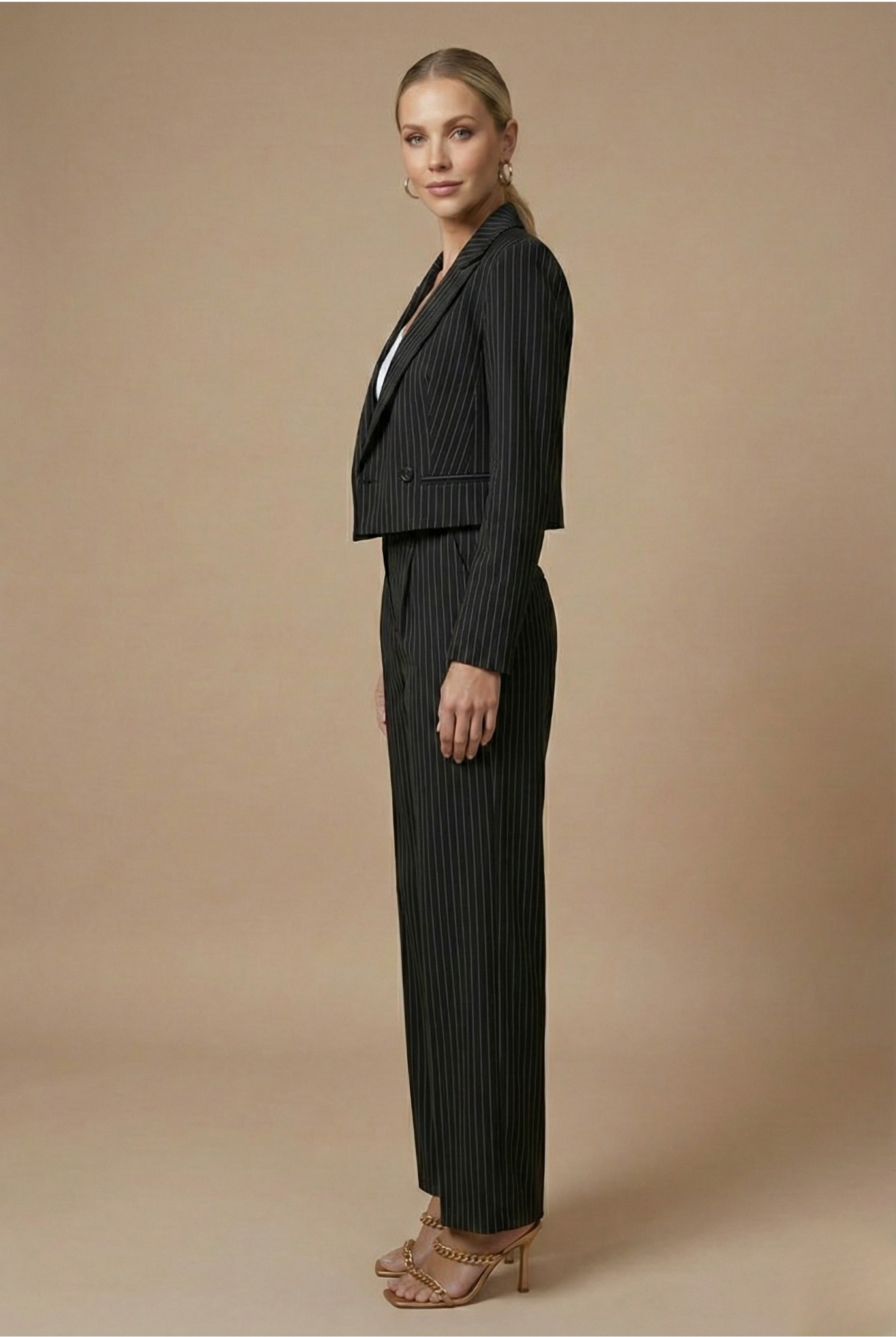 Women’s Pinstripe Two Piece Trouser Suit with Cropped Blazer and Wide Leg Trousers