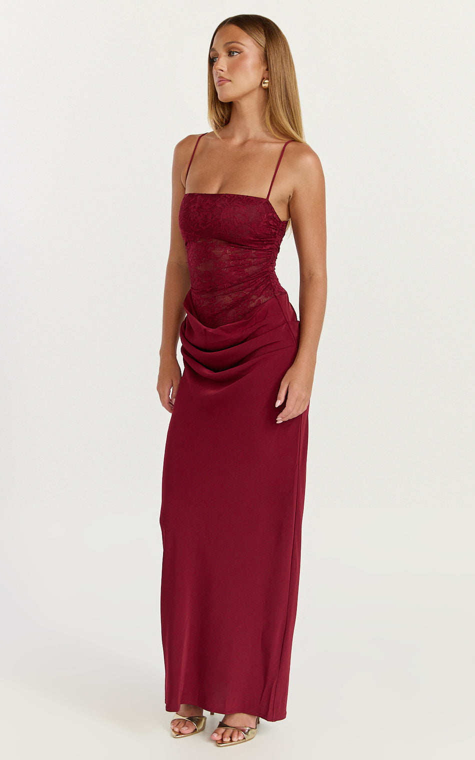 Women's Lace & Satin Maxi Dress – Elegant Draped Occasion Style