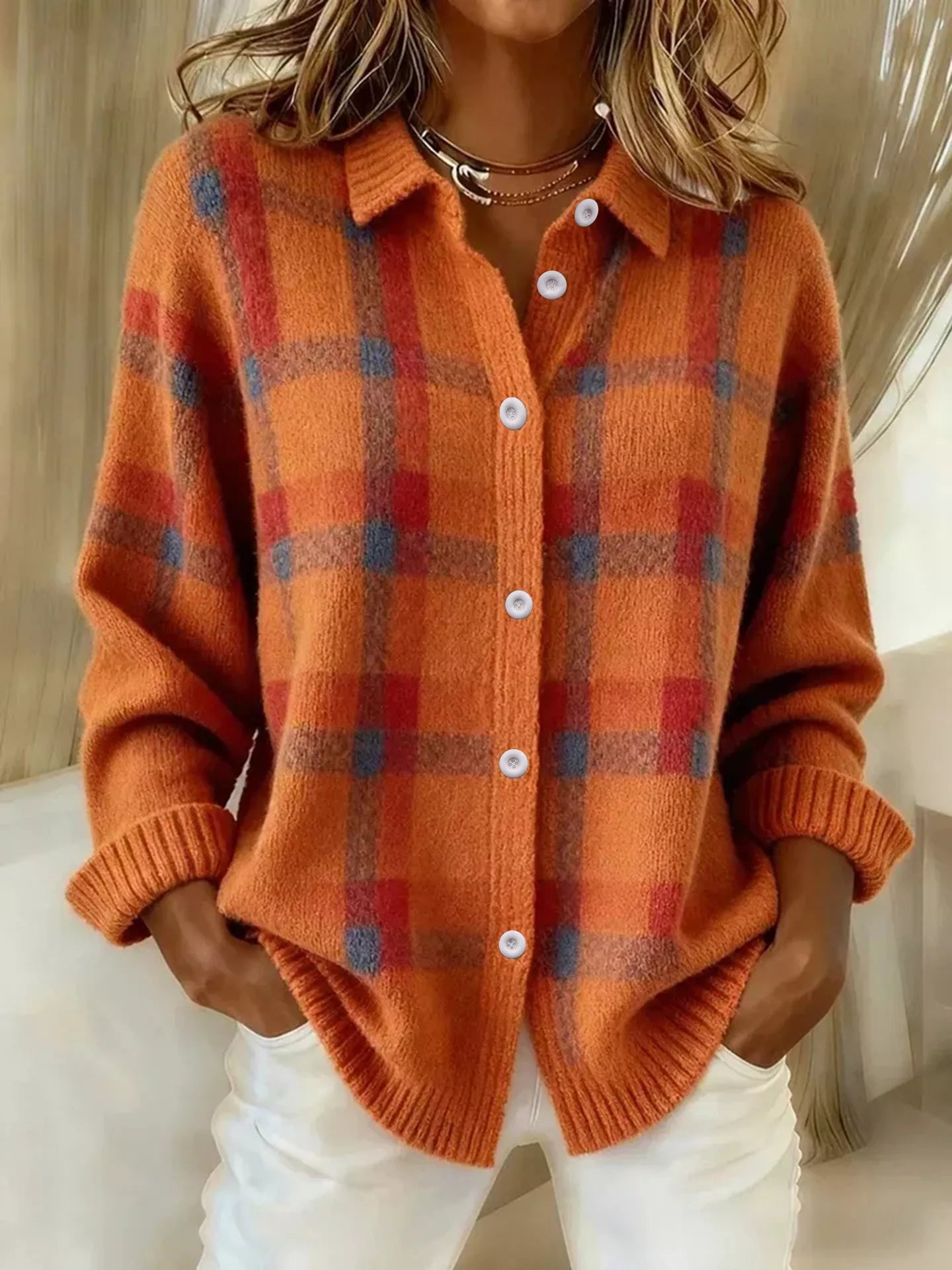 Women's Orange Checked Button-Up Cardigan – Relaxed Knit Jacket