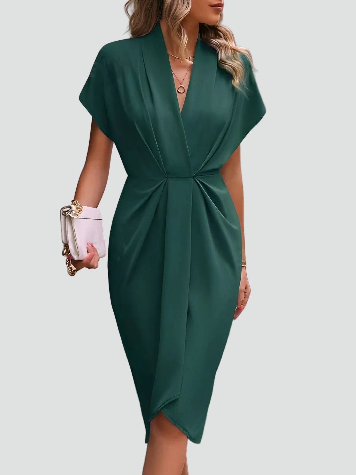 Women's Draped Wrap Midi Dress – Elegant Ruched Occasion Style