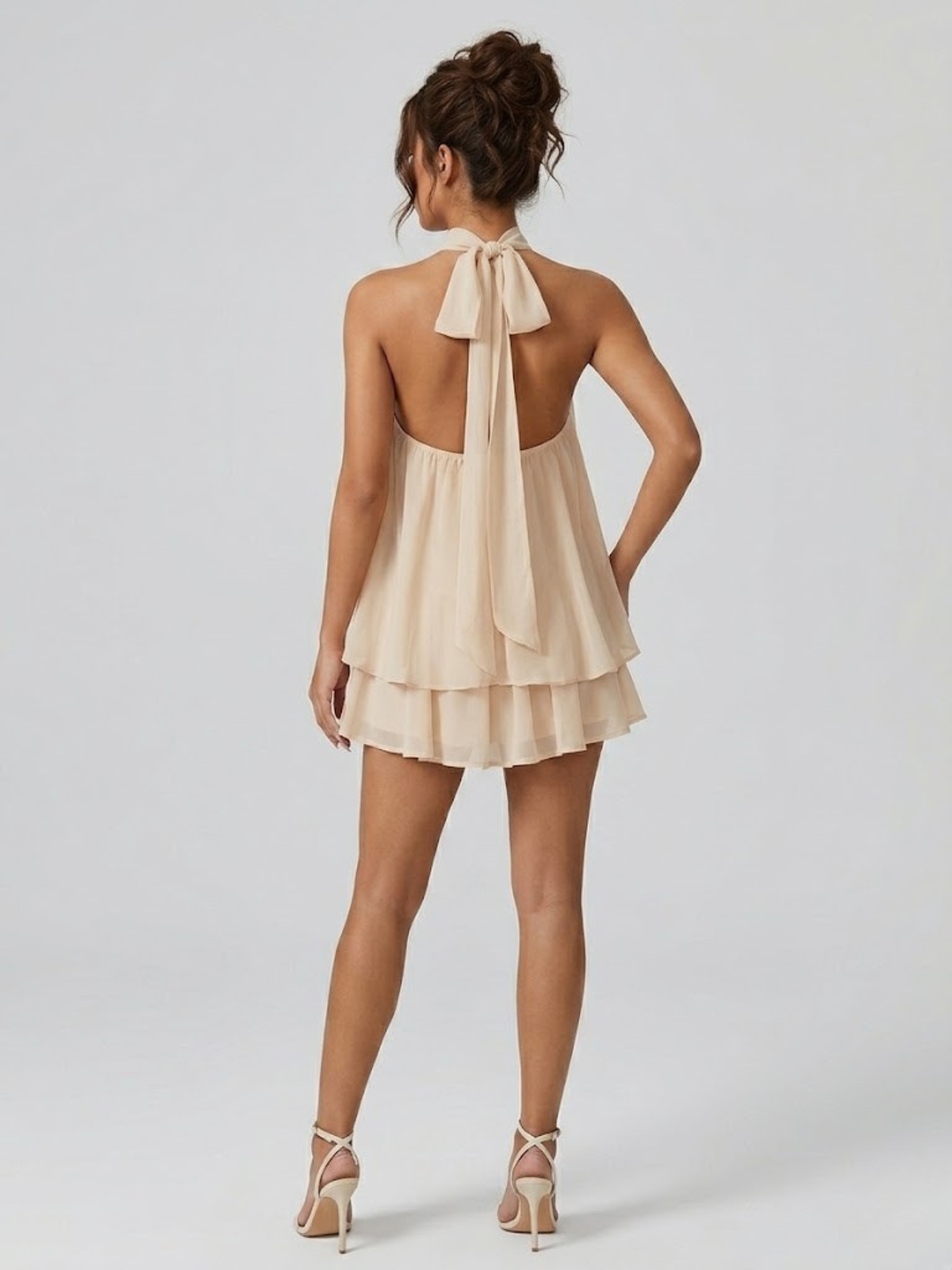 Women's Mini Dress with High Halter Neck and Open Back, Layered Ruffles