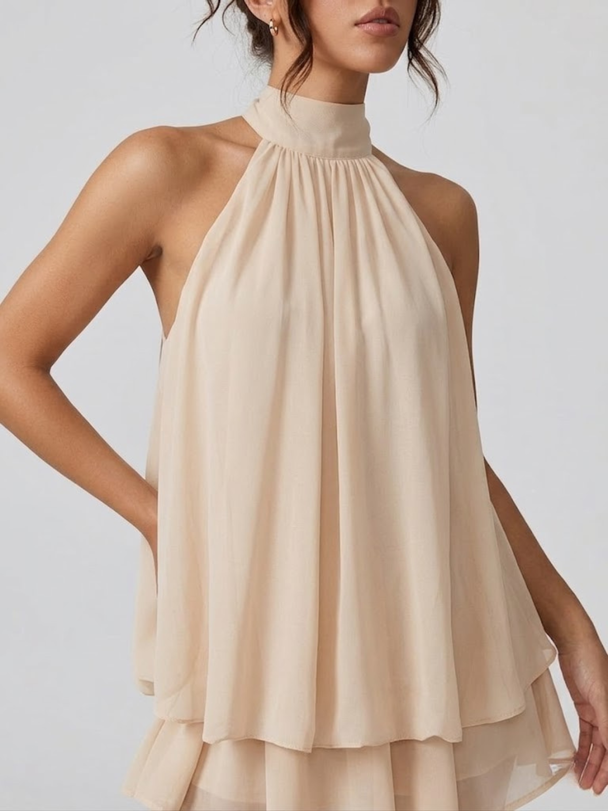 Women's Mini Dress with High Halter Neck and Open Back, Layered Ruffles
