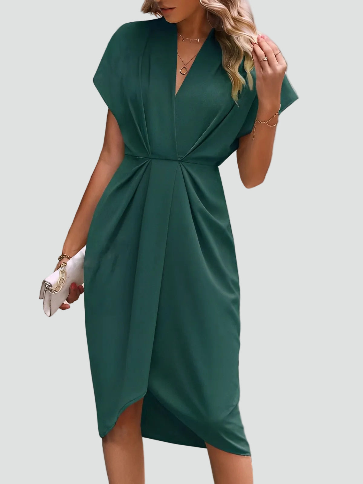 Women's Draped Wrap Midi Dress – Elegant Ruched Occasion Style