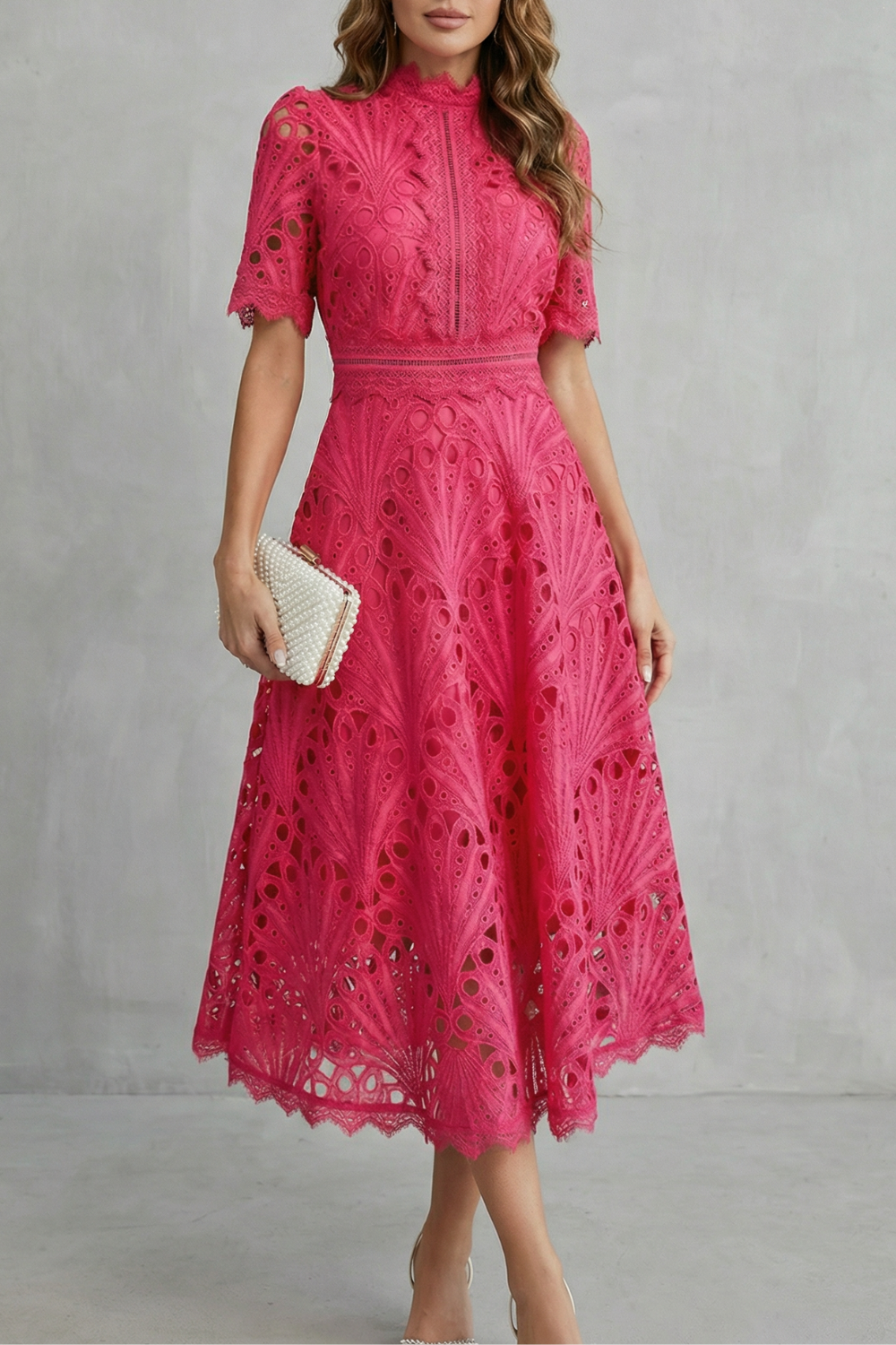 Women's High Neck Lace Midi Dress – Elegant A-Line Occasion Style