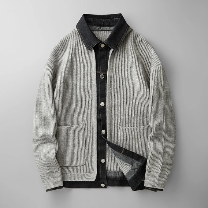 Men's Ribbed Knit Jumper with Denim Details - Relaxed Fit