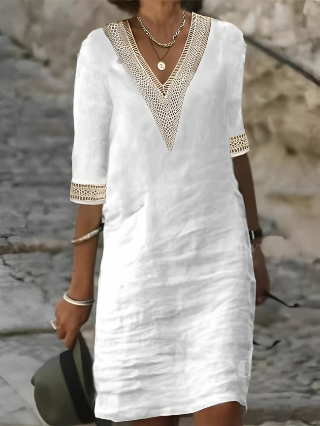 Summer Dress with V-Neck and Crochet Details for Women - Minty