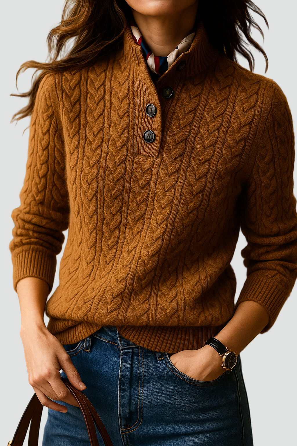 Women's Cable Knit Jumper – Button Neck Regular Fit