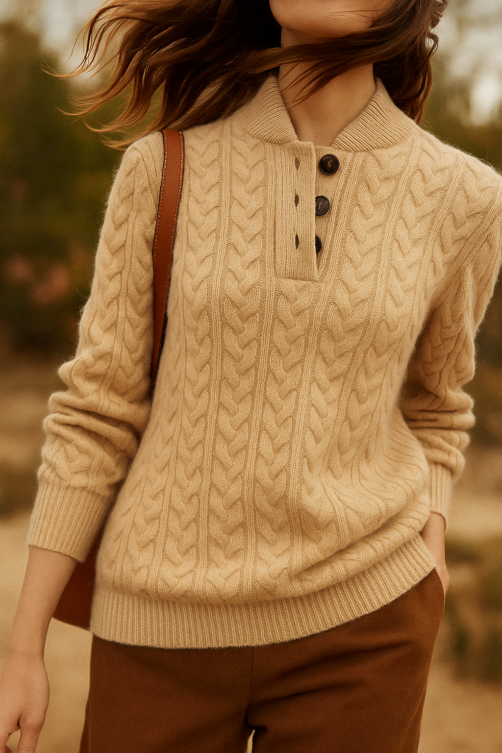 Women's Cable Knit Jumper – Button Neck Regular Fit