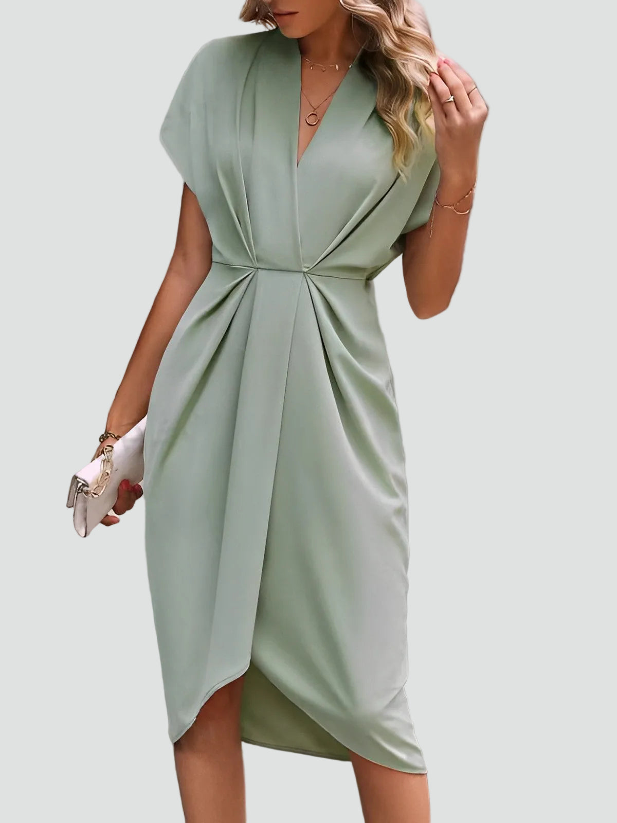 Women's Draped Wrap Midi Dress – Elegant Ruched Occasion Style