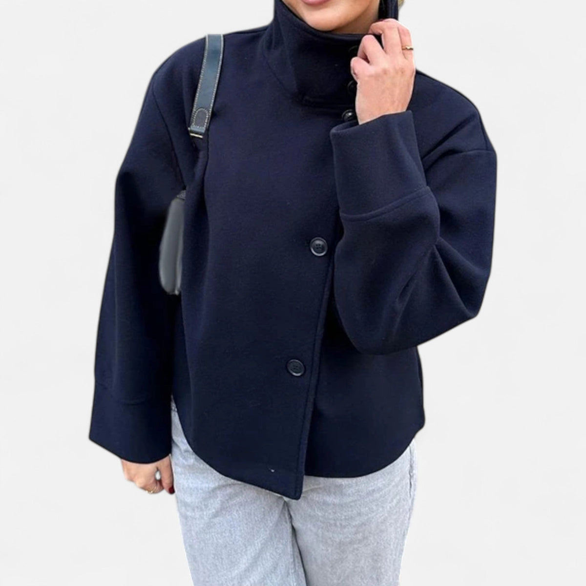 Women's High Collar Short Coat – Double Button Relaxed Design