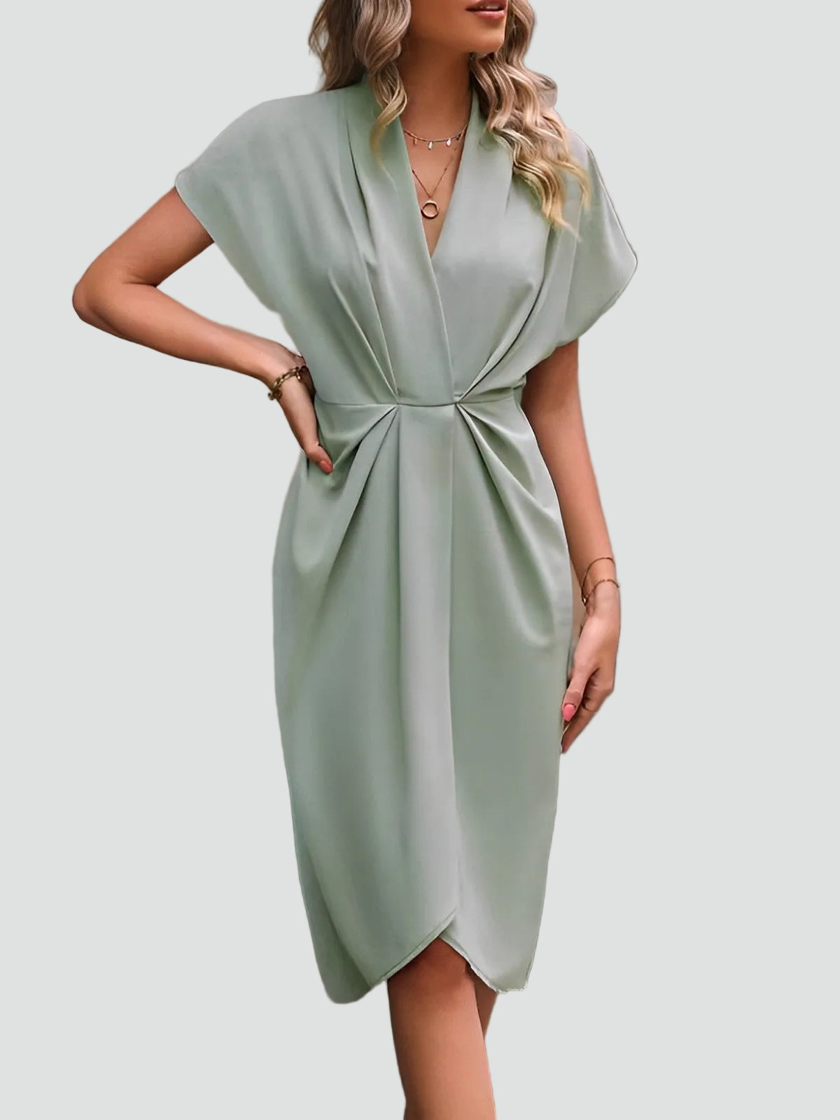 Women's Draped Wrap Midi Dress – Elegant Ruched Occasion Style
