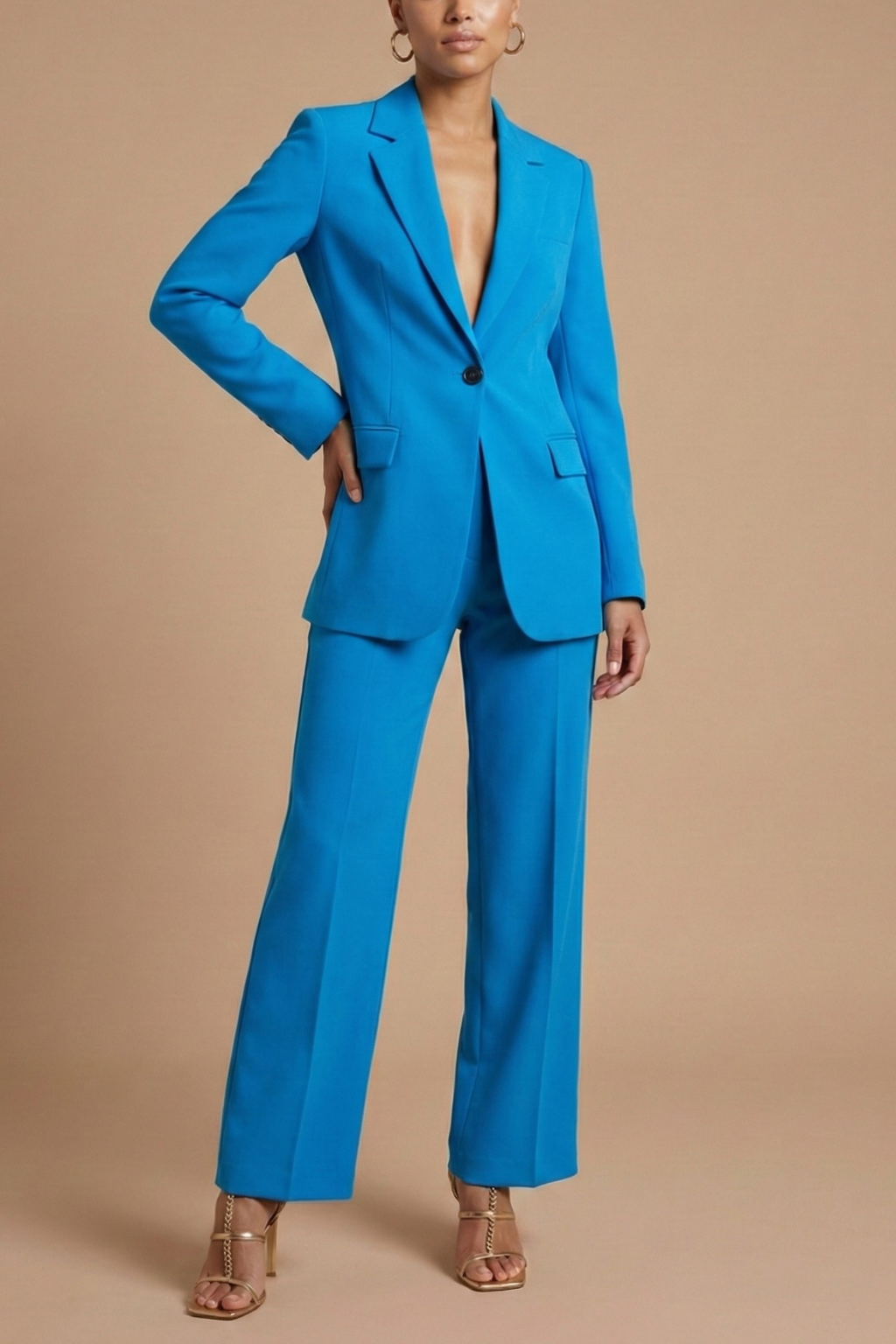 Women’s Two Piece Suit with Single Button Blazer and Wide Leg Trousers